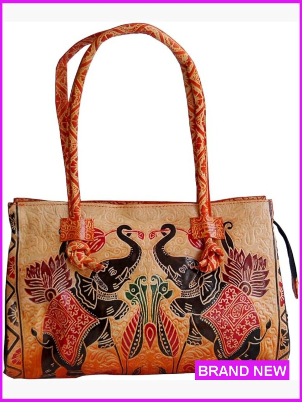 Twin Elephant Embossed Genuine Leather Shoulder Bag Satchel Medium Handcrafted